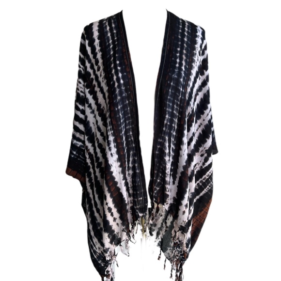 0056/ Black White Brown Kimono Cover up, Cardigan Outer with Fringes - Picture 3 of 9